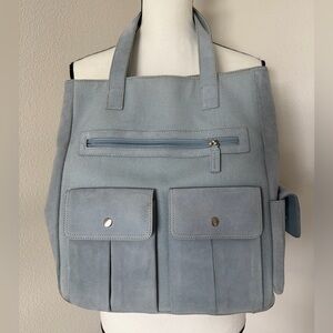 Levenger Light Blue Suede and Canvas Tote Bag